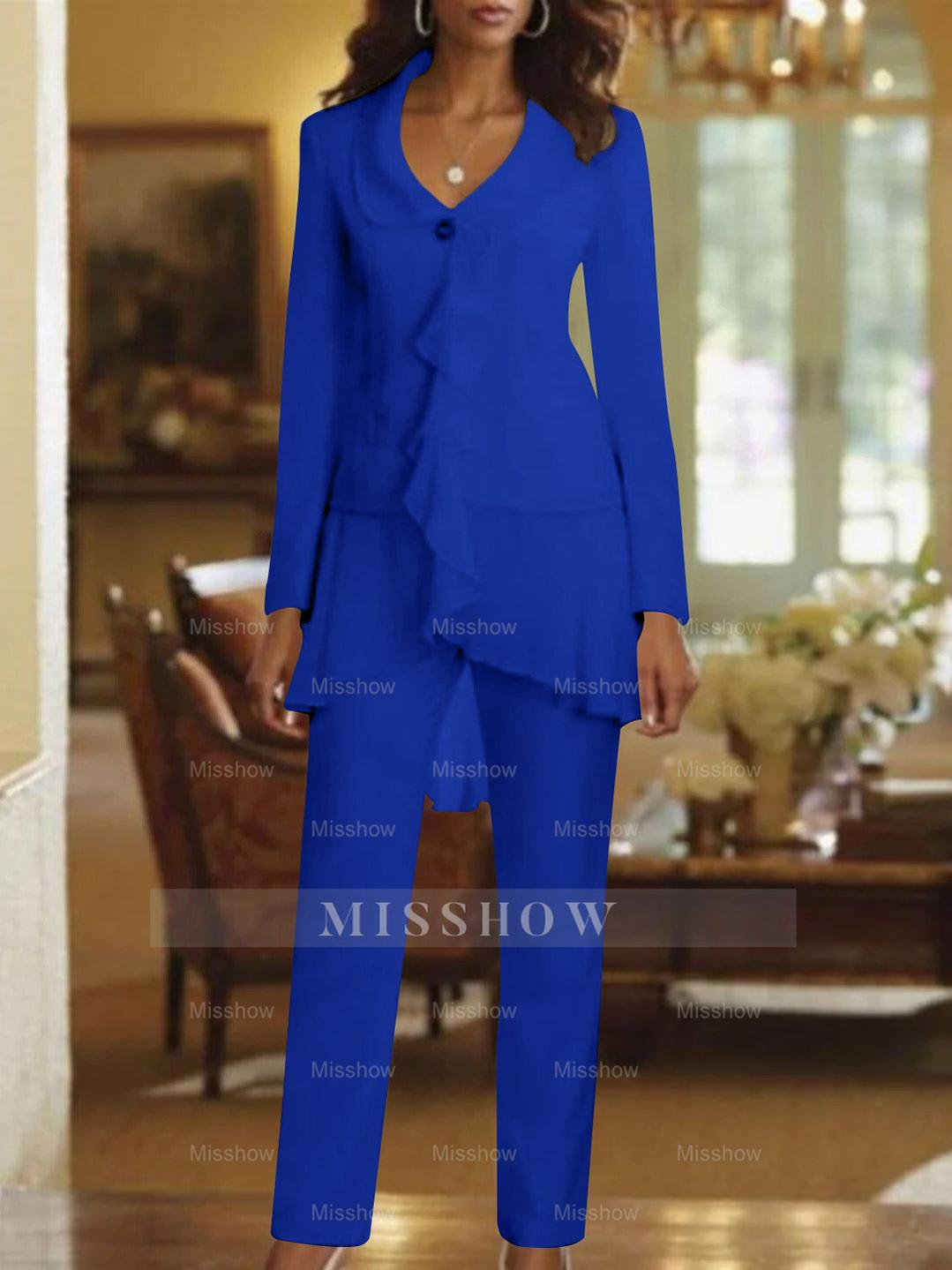 Floor-Length White V-Neck Pantsuit With Long Sleeves and Ruffle for Mother of the Bride