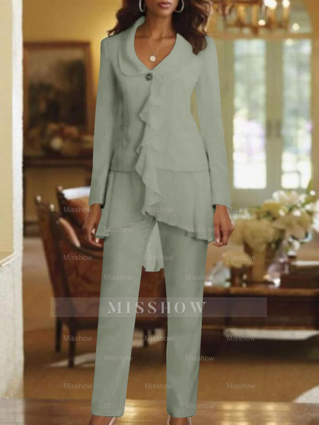 Floor-Length White V-Neck Pantsuit With Long Sleeves and Ruffle for Mother of the Bride