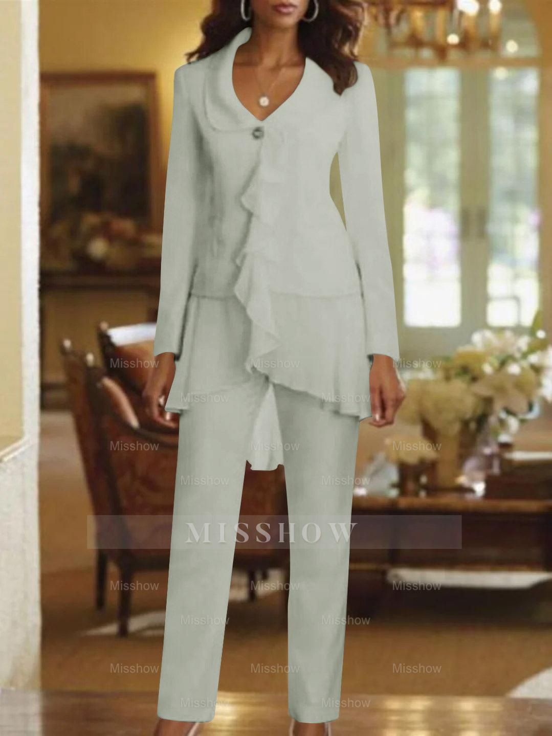 Floor-Length White V-Neck Pantsuit With Long Sleeves and Ruffle for Mother of the Bride