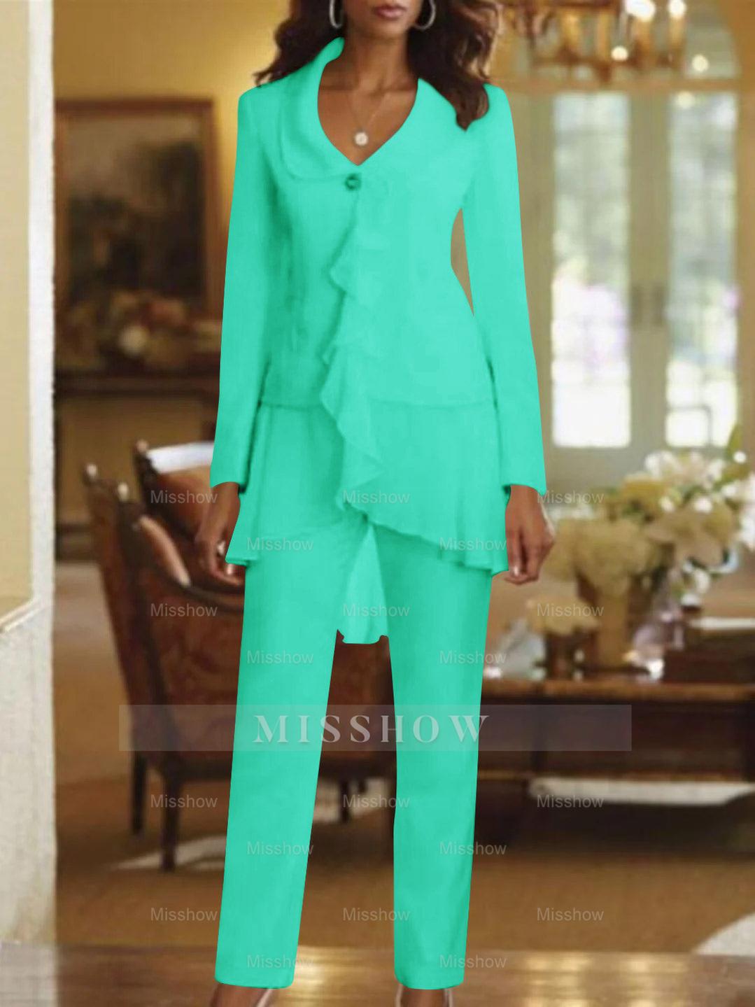 Floor-Length White V-Neck Pantsuit With Long Sleeves and Ruffle for Mother of the Bride