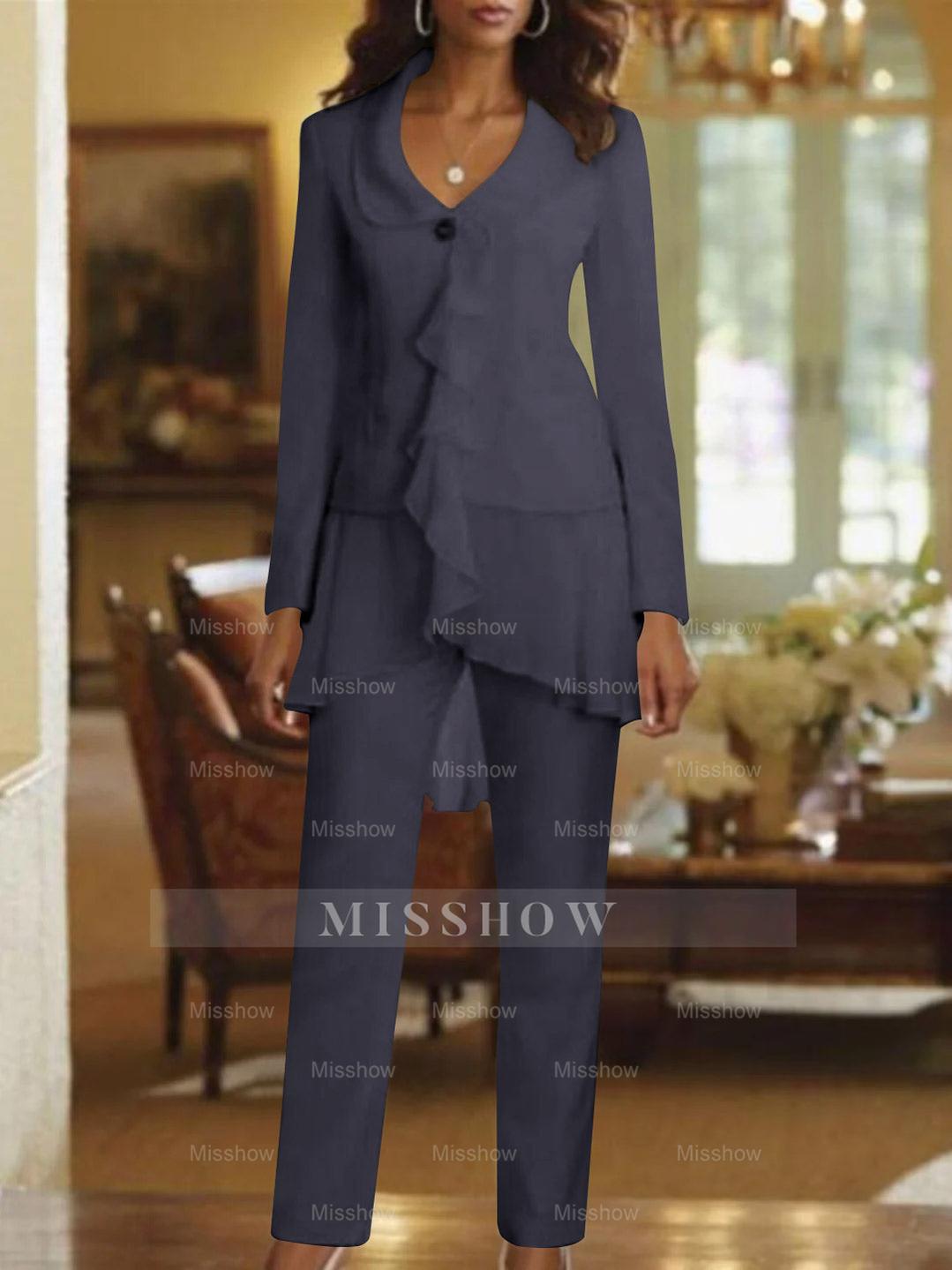 Floor-Length White V-Neck Pantsuit With Long Sleeves and Ruffle for Mother of the Bride