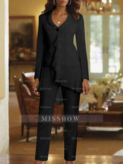 Floor-Length White V-Neck Pantsuit With Long Sleeves and Ruffle for Mother of the Bride