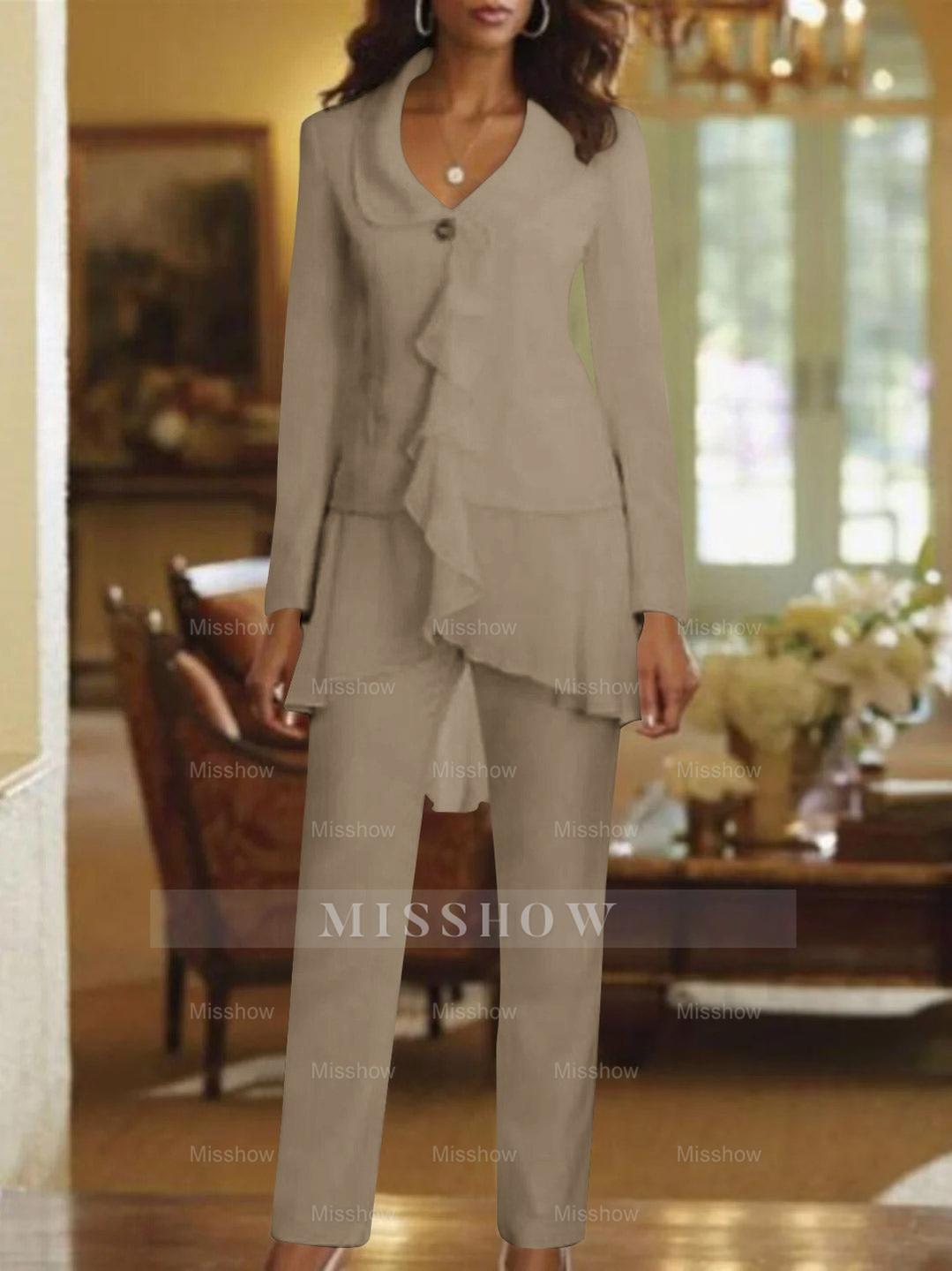 Floor-Length White V-Neck Pantsuit With Long Sleeves and Ruffle for Mother of the Bride