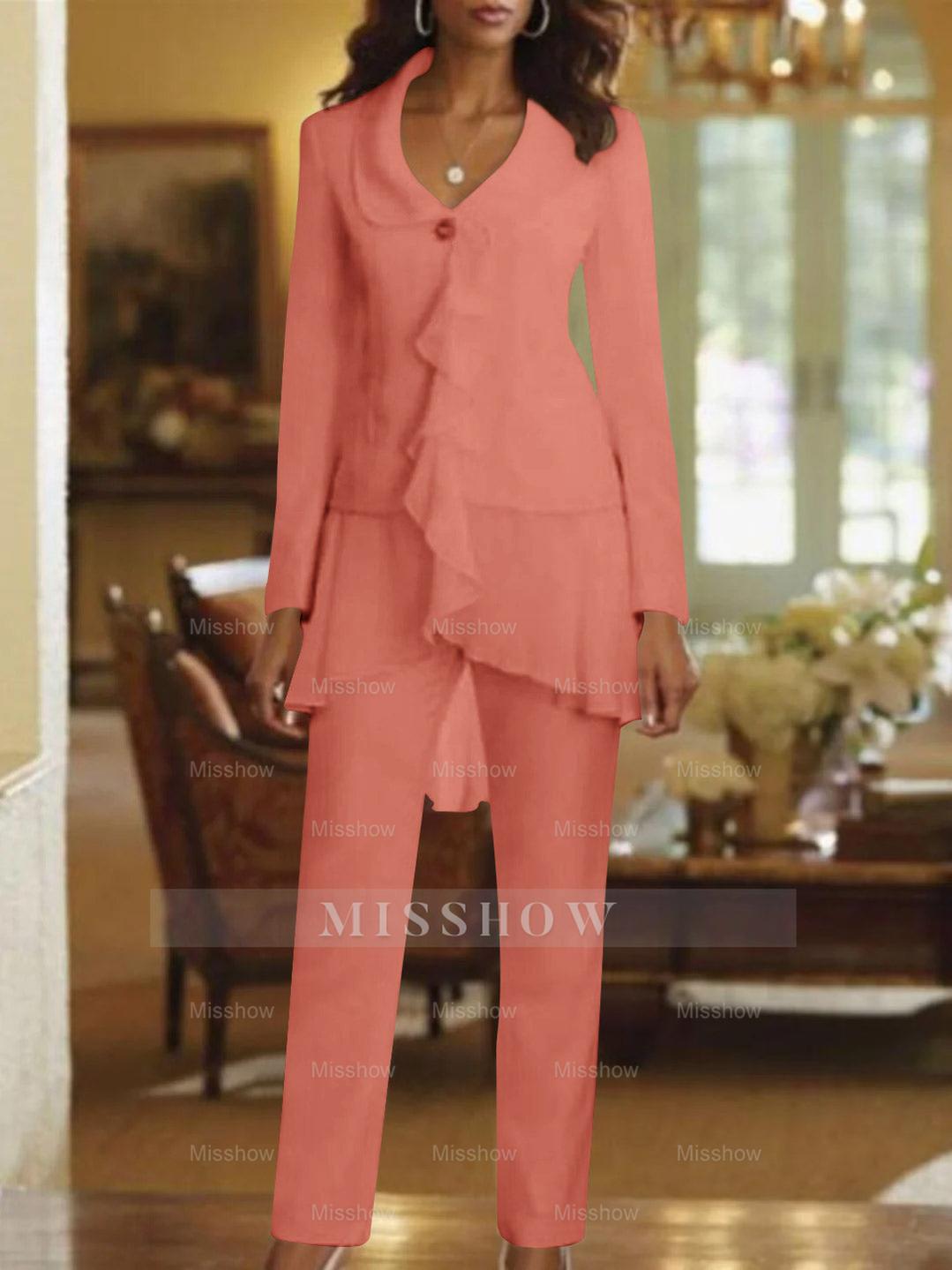 Floor-Length White V-Neck Pantsuit With Long Sleeves and Ruffle for Mother of the Bride