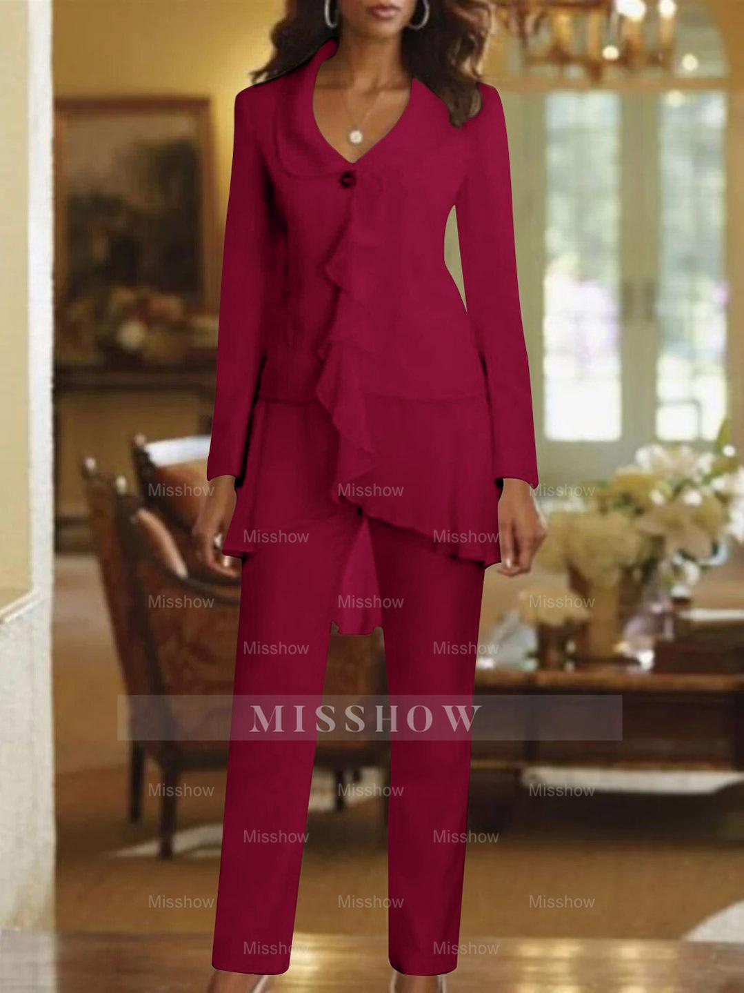 Floor-Length White V-Neck Pantsuit With Long Sleeves and Ruffle for Mother of the Bride