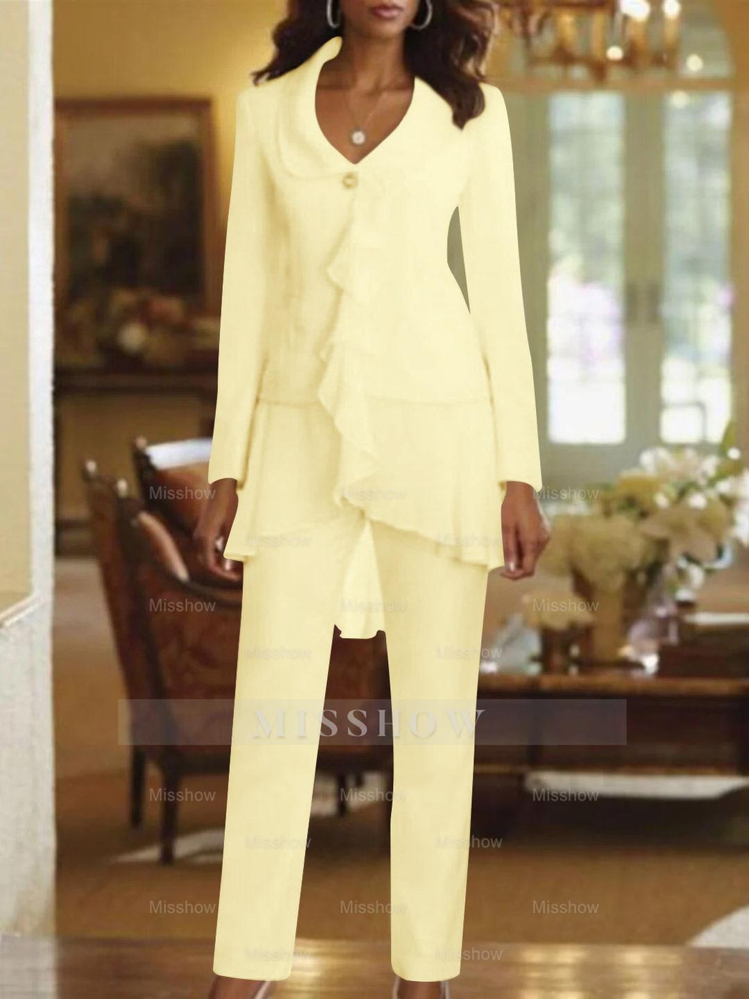 Floor-Length White V-Neck Pantsuit With Long Sleeves and Ruffle for Mother of the Bride