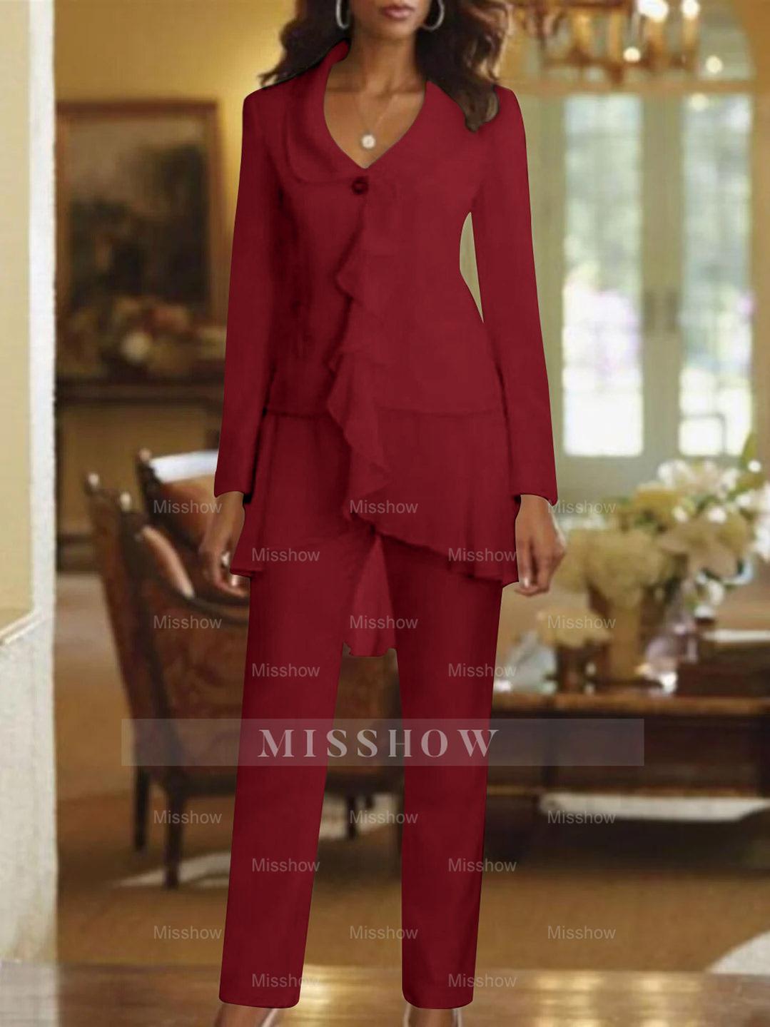 Floor-Length White V-Neck Pantsuit With Long Sleeves and Ruffle for Mother of the Bride