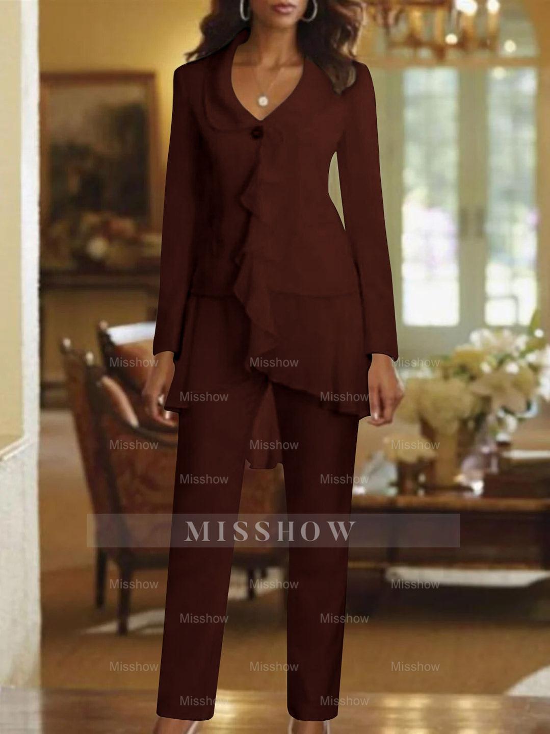 Floor-Length White V-Neck Pantsuit With Long Sleeves and Ruffle for Mother of the Bride