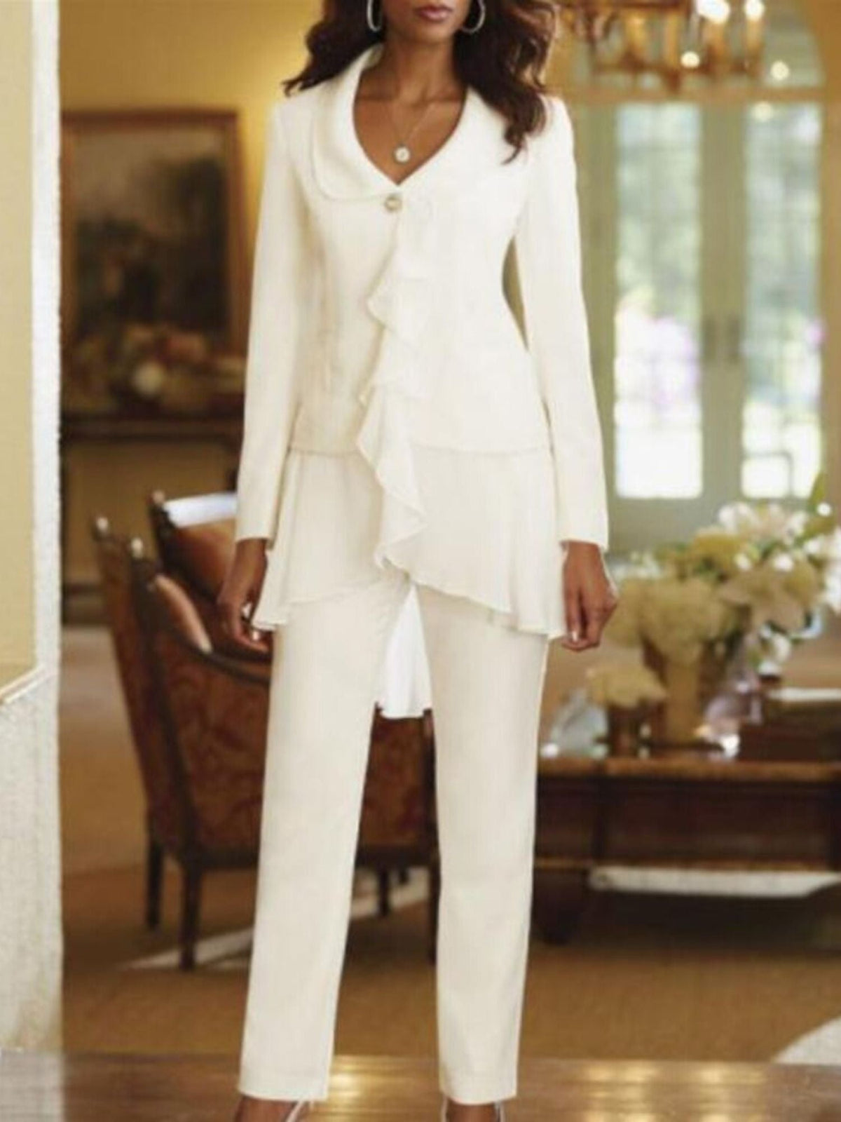Floor-Length White V-Neck Pantsuit With Long Sleeves and Ruffle for Mother of the Bride