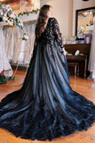 Floor-Length A-Line Split Front Long Sleeves V-Neck Prom Dresses with Appliques