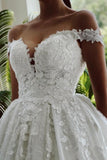 Floor-Length A-Line Sweetheart Off-The-Shoulder Tulle Appliques Wedding Dresses with Lace