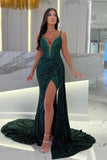 Floor-Length Dark Green Straps Sweetheart Column Split Front Prom Dresses with Sequins