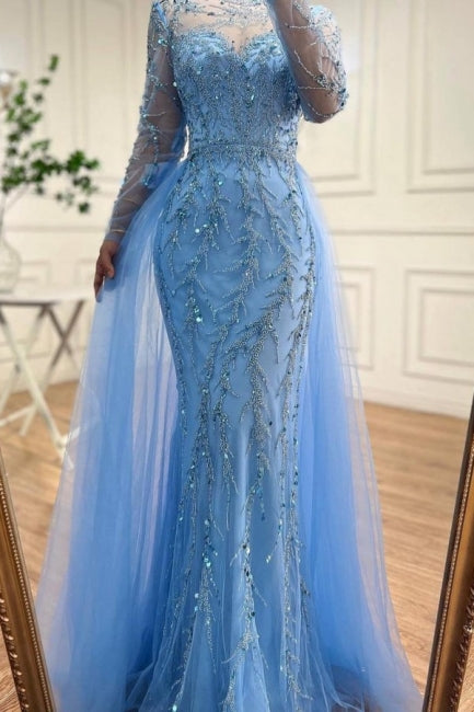 Floor-Length Mermaid Tulle Long Sleeves Beadings Ocean Blue Prom Dresses with Appliques