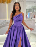 Floor-Length Stain A-Line One Shoulder Split Front Sleeveless Prom Dresses with Ruffles