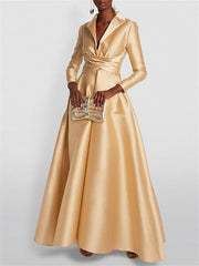 Floor-length V-Neck Evening Gowns with Long Sleeves in A-Line/Princess Cut