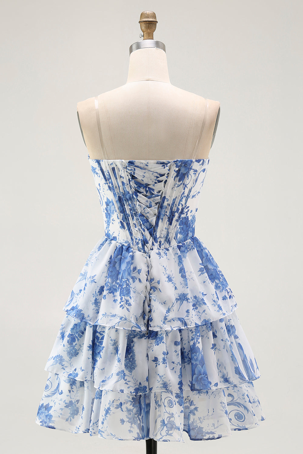Floral Blue Corset A Line Sweetheart Tiered Short Homecoming Dress