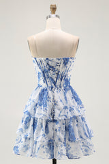 Floral Blue Corset A Line Sweetheart Tiered Short Homecoming Dress