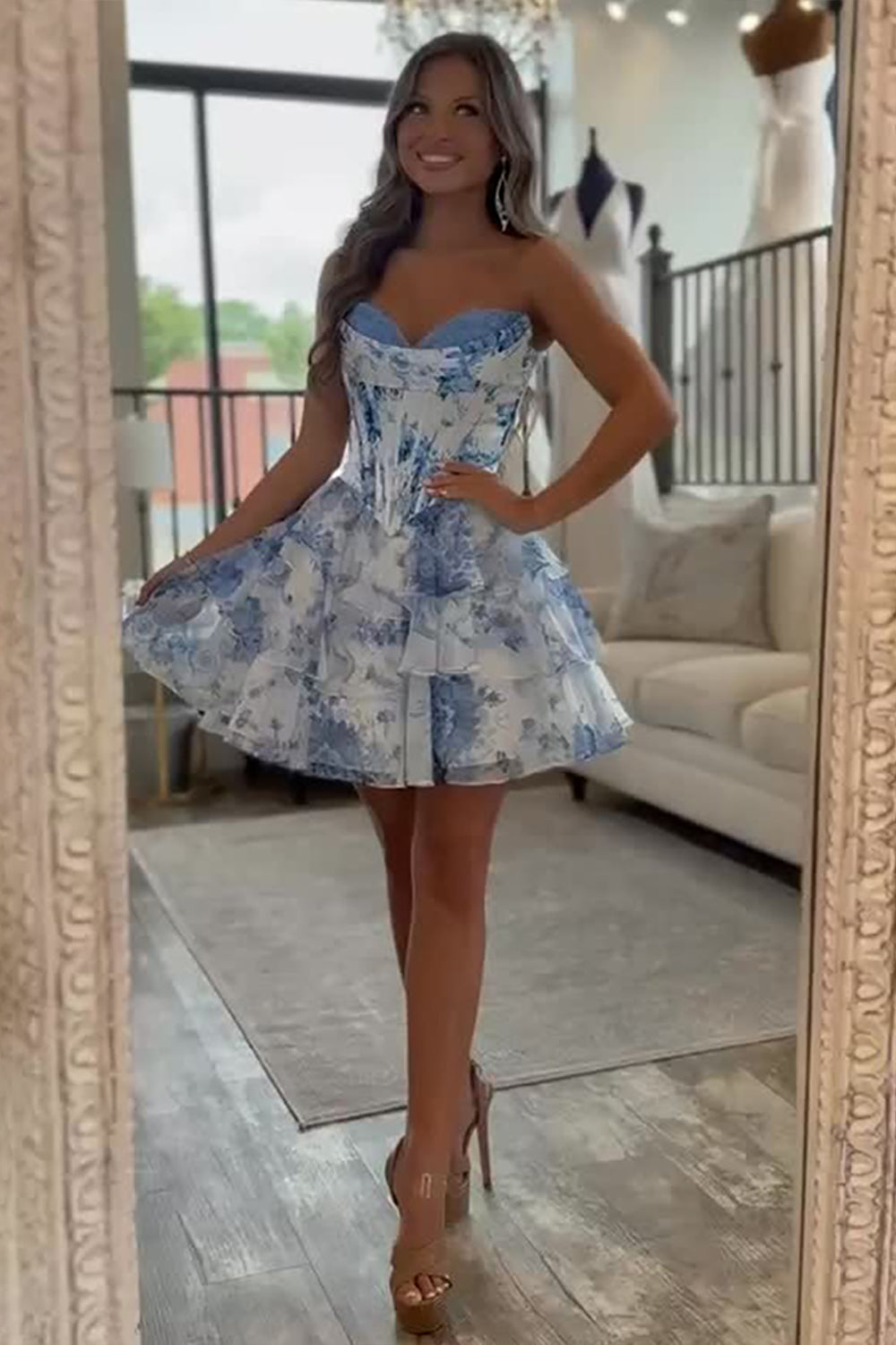 Floral Blue Corset A Line Sweetheart Tiered Short Homecoming Dress