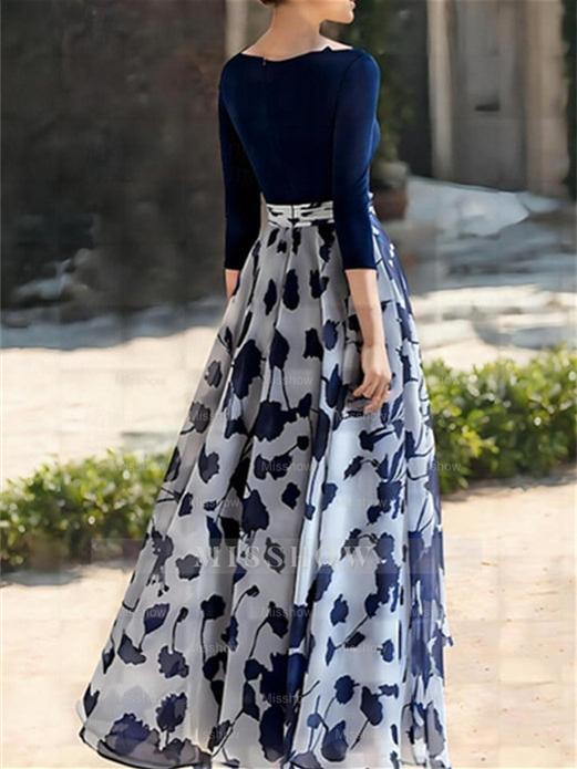 Floral Mother of the Bride Dress with V Neck and 3/4 Sleeves in A-Line/Princess Style