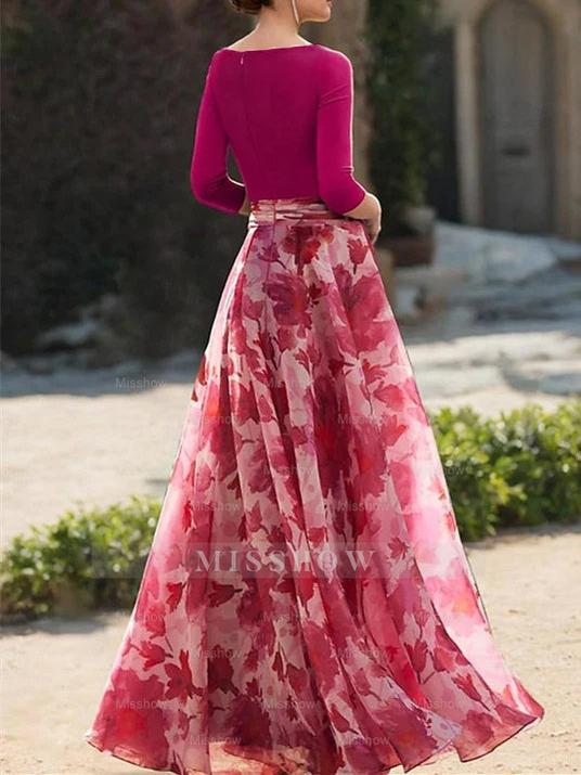 Floral Mother of the Bride Dress with V Neck and 3/4 Sleeves in A-Line/Princess Style