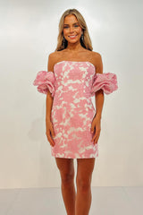 Floral Pink Tight Strapless Short Homecoming Dress with Sleeves