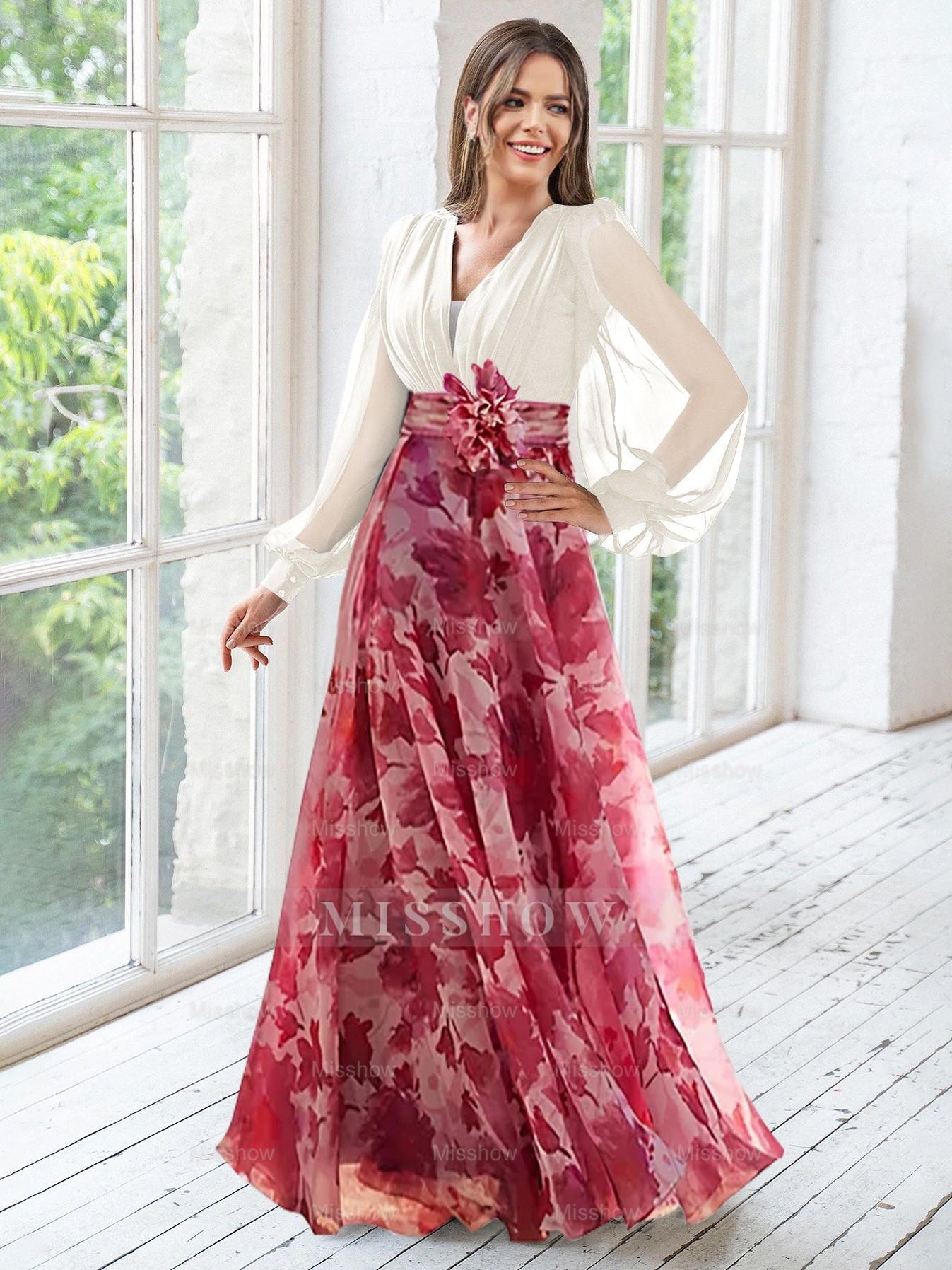 Floral Plus Size Mother of the Bride Dress with V-Neck and Long Sleeves