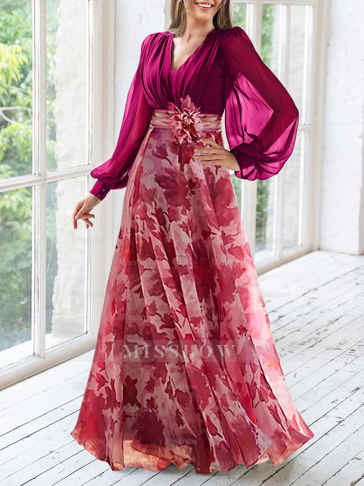 Floral Plus Size Mother of the Bride Dress with V-Neck and Long Sleeves