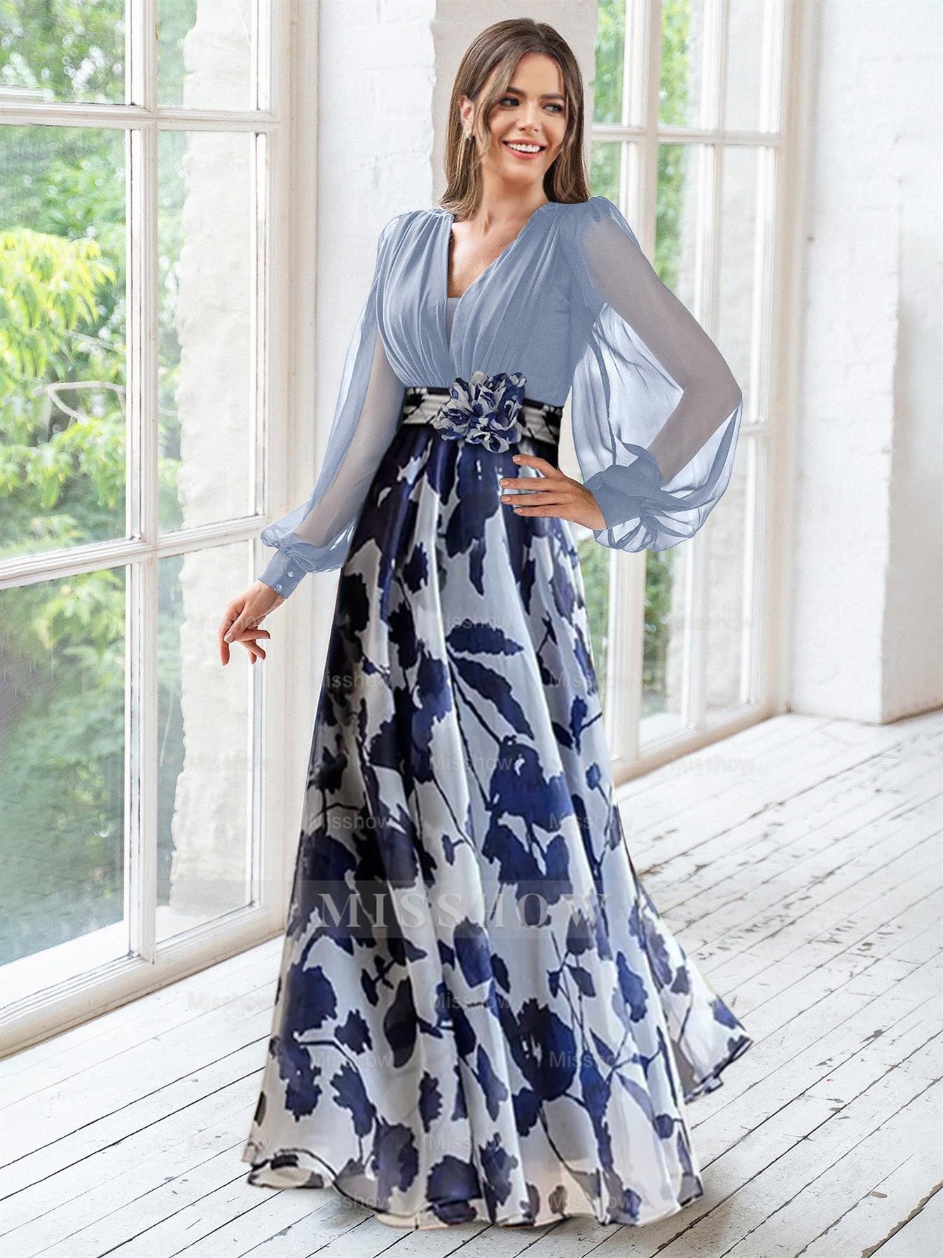 Floral Plus Size Mother of the Bride Dress with V-Neck and Long Sleeves