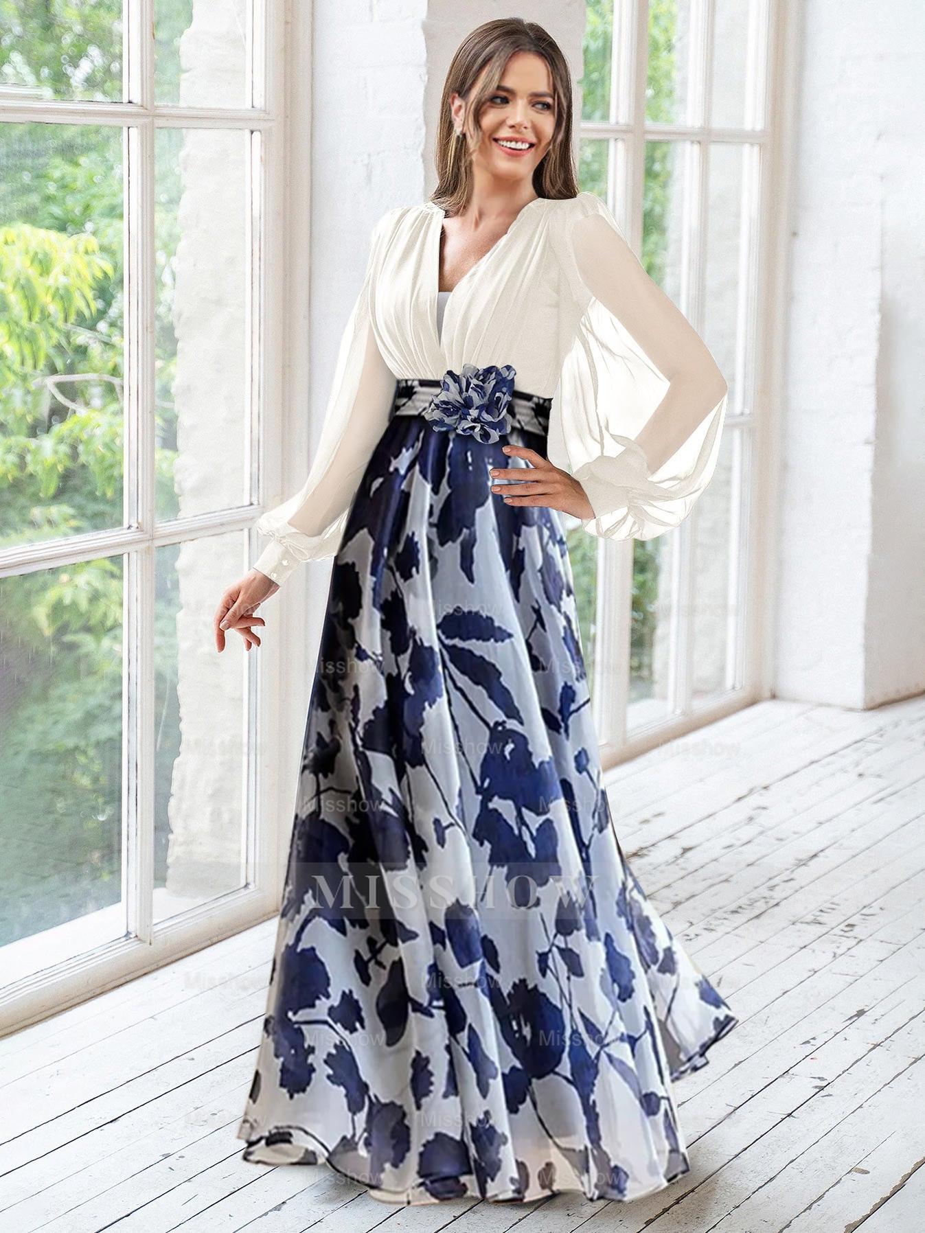 Floral Plus Size Mother of the Bride Dress with V-Neck and Long Sleeves
