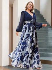 Floral Plus Size Mother of the Bride Dress with V-Neck and Long Sleeves