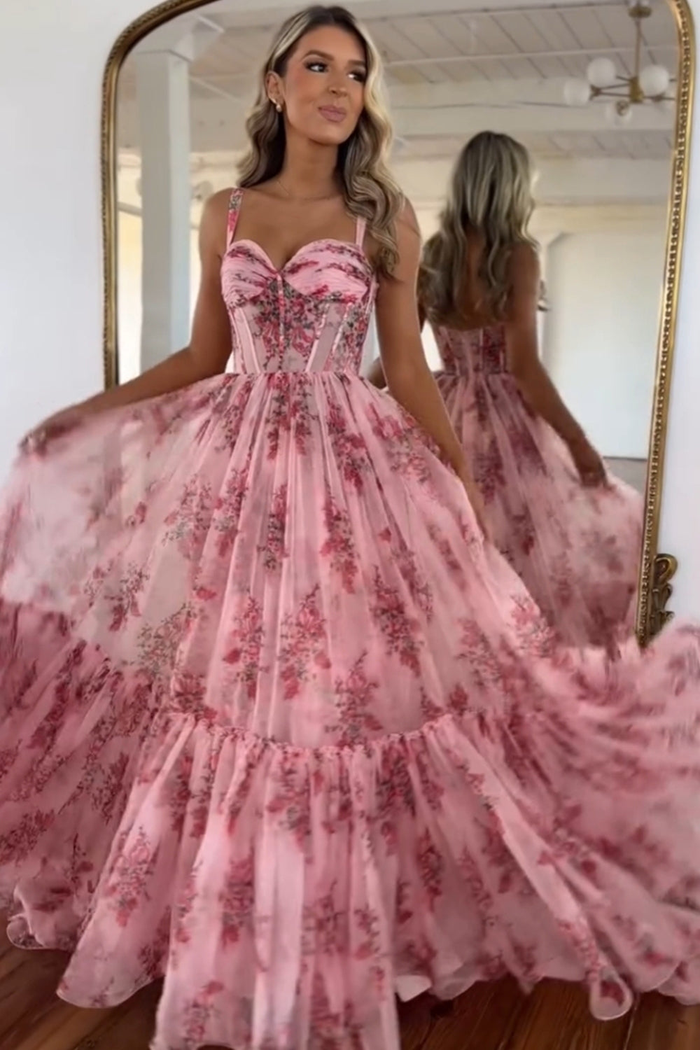 Floral Printed Blush Corset Prom Dress with Spaghetti Straps and A-Line Long Silhouette