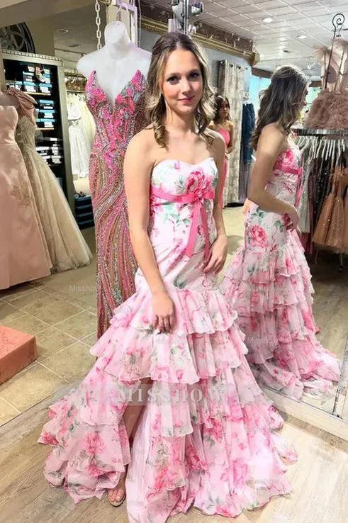 Pink strapless split-front mermaid prom dress