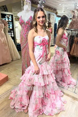 Pink strapless split-front mermaid prom dress