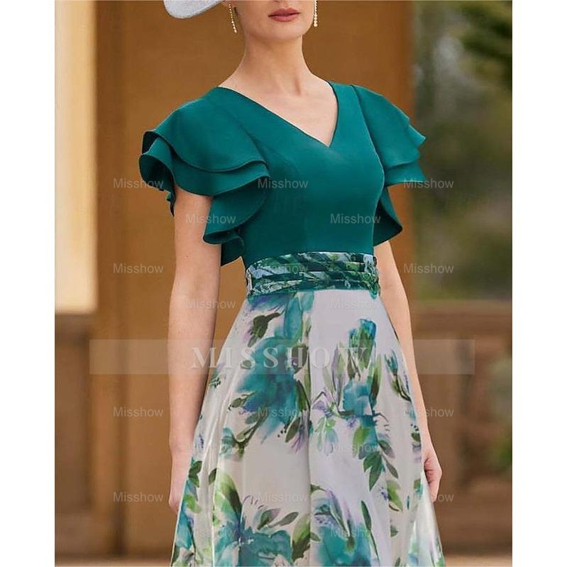 Floral V-Neck A-Line Princess Short Sleeve Ankle-Length Mother of the Bride Dress