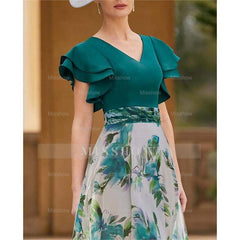 Floral V-Neck A-Line Princess Short Sleeve Ankle-Length Mother of the Bride Dress
