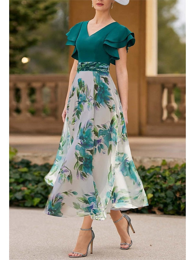 Floral V-Neck A-Line Princess Short Sleeve Ankle-Length Mother of the Bride Dress