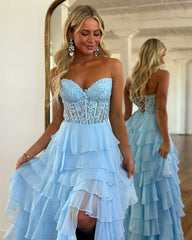 Flowing Blue A-Line Sweetheart Sleeveless Chiffon Prom Dress with Ruffles