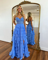 Flowing Blue A-Line Sweetheart Sleeveless Chiffon Prom Dress with Ruffles