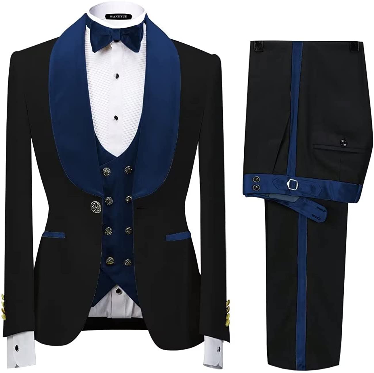 Form-Fitting Navy Blue Shawl Collar Three-Piece Velvet Wedding Outfit
