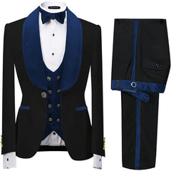 Form-Fitting Navy Blue Shawl Collar Three-Piece Velvet Wedding Outfit