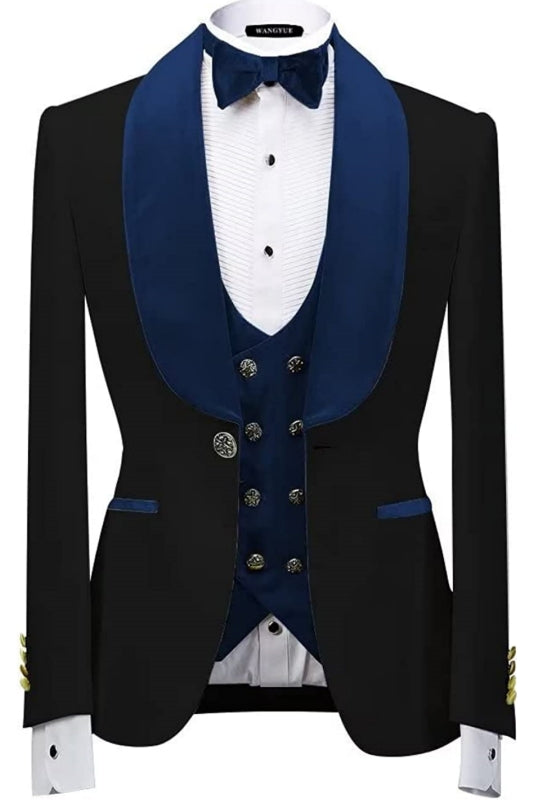 Form-Fitting Navy Blue Shawl Collar Three-Piece Velvet Wedding Outfit