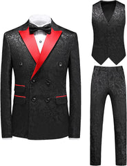 Formal Black Jacquard Double-Breasted Three-Piece Prom Ensemble