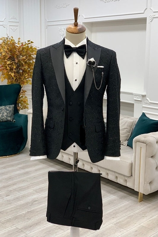 Formal Black Jacquard Peaked Lapel Three-Piece Bespoke Prom Suit