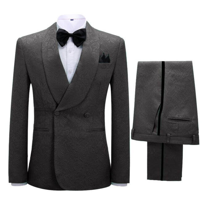 Formal Black Jacquard Shawl Collar Double Breasted Groom's Suit