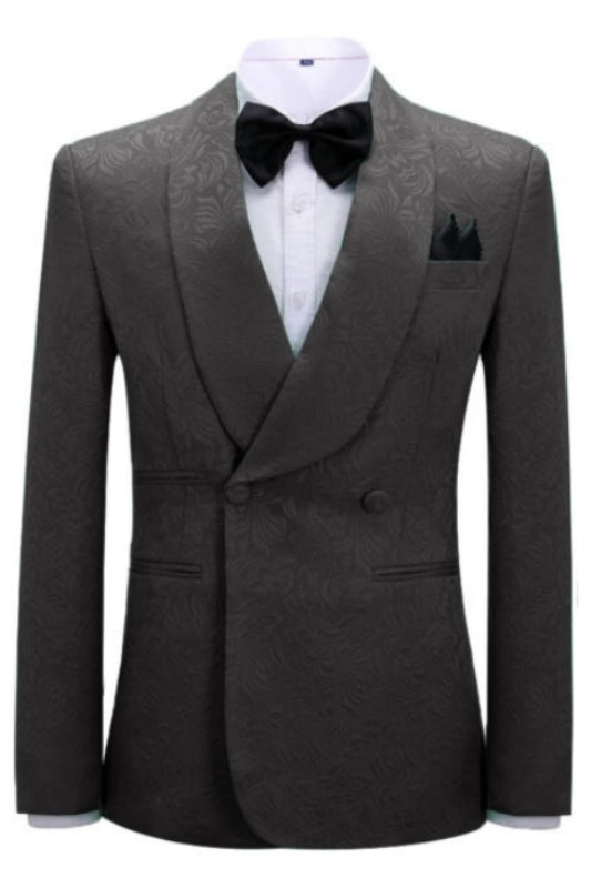 Formal Black Jacquard Shawl Collar Double Breasted Groom's Suit