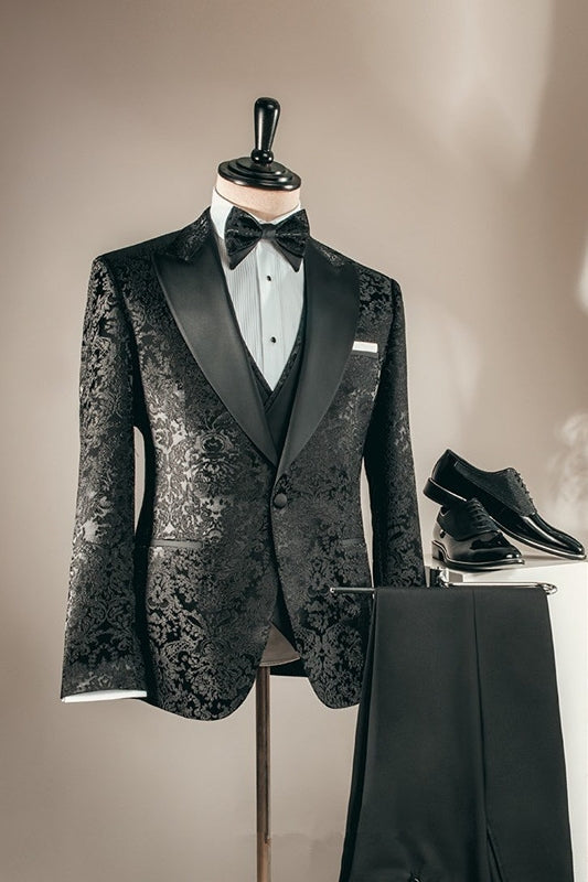 Formal Black Peaked Lapel Three-Piece Jacquard Prom Suit