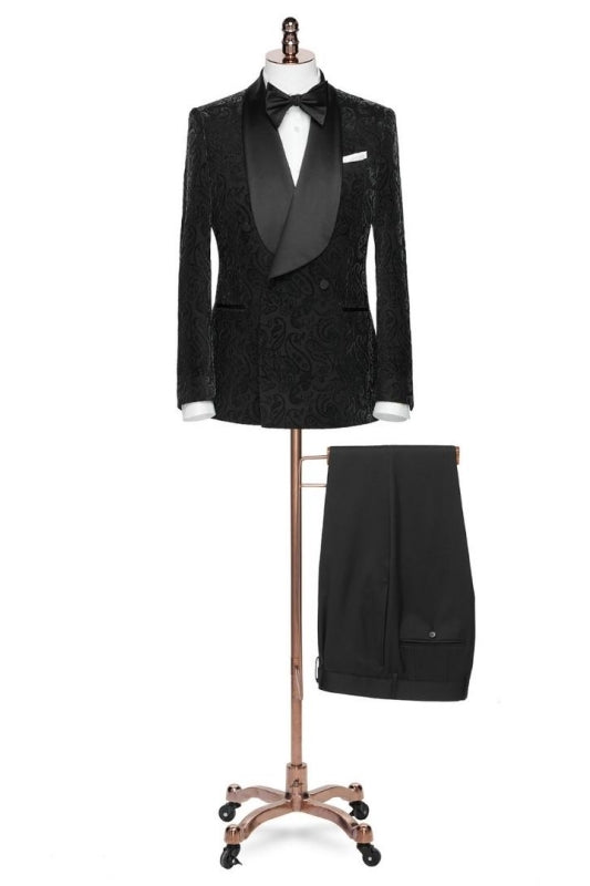 Formal Black Shawl Collar Double Breasted Jacquard Groom's Wedding Suit