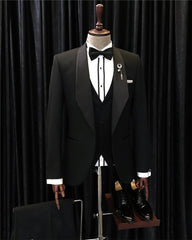 Formal Black Shawl Lapel Three-Piece Suit for Men