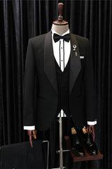 Formal Black Shawl Lapel Three-Piece Suit for Men