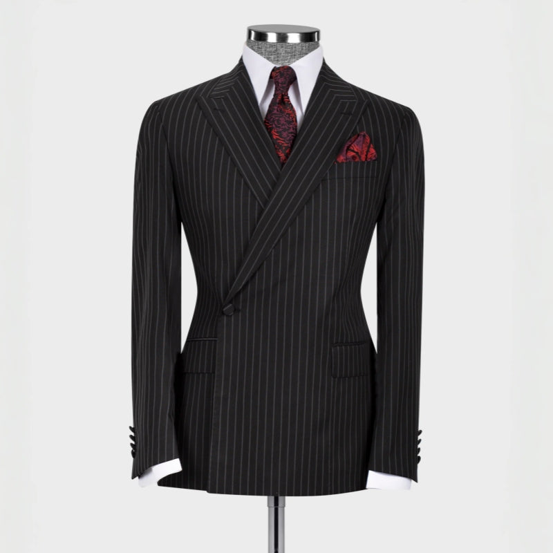Formal Black Striped Bespoke Peaked Lapel Business Suit